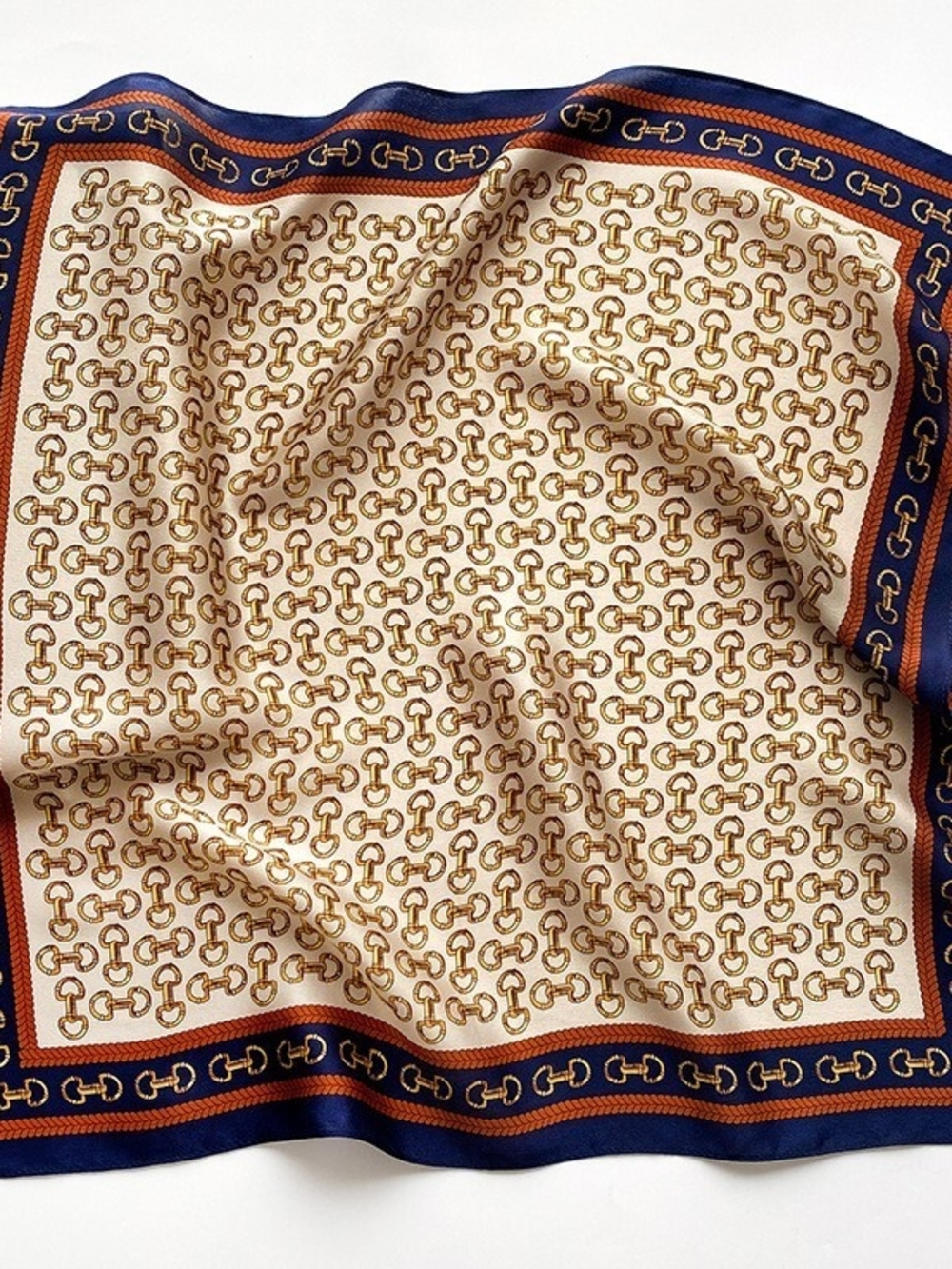 Silk-Feel Chain Print Scarf in Navy, Cream and Brown 70*70cm